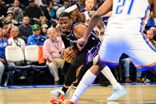 Sacramento Kings guard Russell Westbrook (18) drives against Oklahoma City Thunder guard Shai Gilgeous-Alexander (2) during the first half of an NBA basketball game between Sacramento Kings and Oklahoma City Thunder, Tuesday, Oct. 28, 2025, in Oklahoma City. (AP Photo/Gerald Leong) Sacramento Kings guard Russell Westbrook (18) drives against Oklahoma City Thunder guard Shai Gilgeous-Alexander (2) during the first half of an NBA basketball game between Sacramento Kings and Oklahoma City Thunder, Tuesday, Oct. 28, 2025, in Oklahoma City. (AP Photo/Gerald Leong)