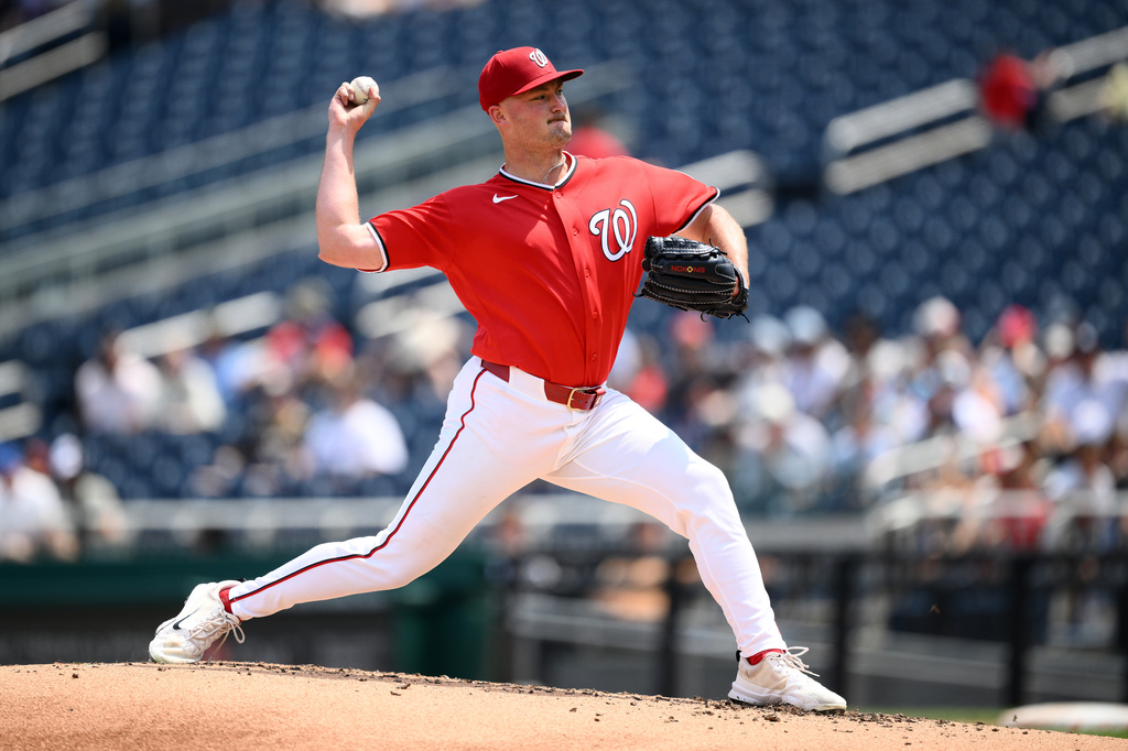 Washington Nationals pitcher Brad Lord throws during the third inning of a baseball game against the Cincinnati Reds, Sunday, Aug. 9, 2026, in Washington. (AP Photo/Nick Wass)