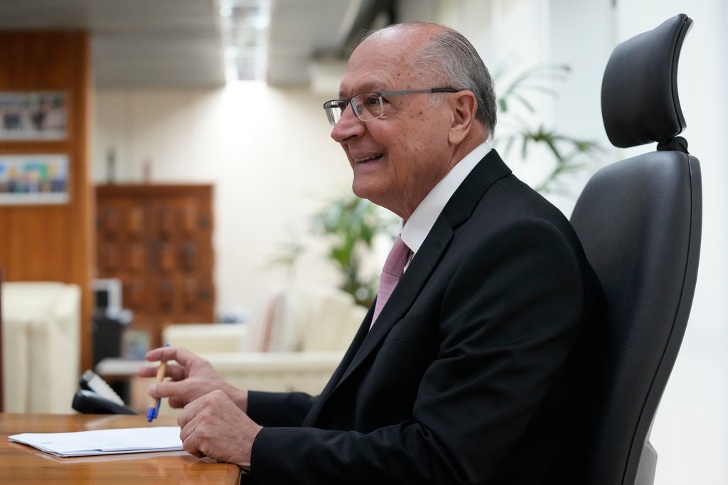 Brazil's Vice President Geraldo Alckmin gives an interview in his office in Brasilia, Brazil, Wednesday, April 22, 2026. (AP Photo/Eraldo Peres)
