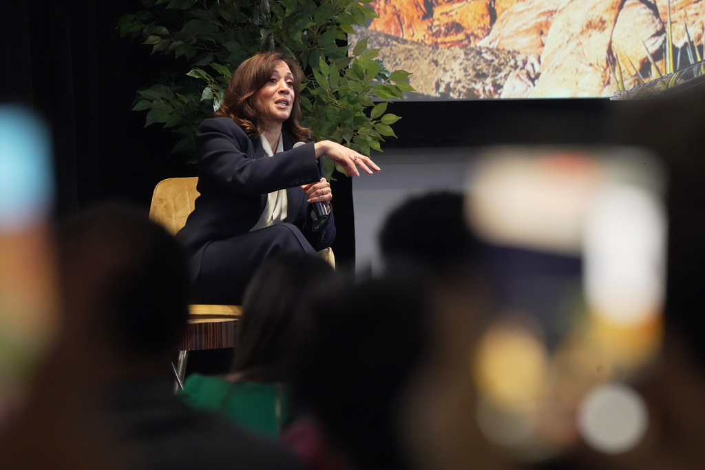 Former Vice President Kamala Harris speaks during a fireside chat on Thursday, May 7, 2026, in Las Vegas. (AP Photo/Ty ONeil)