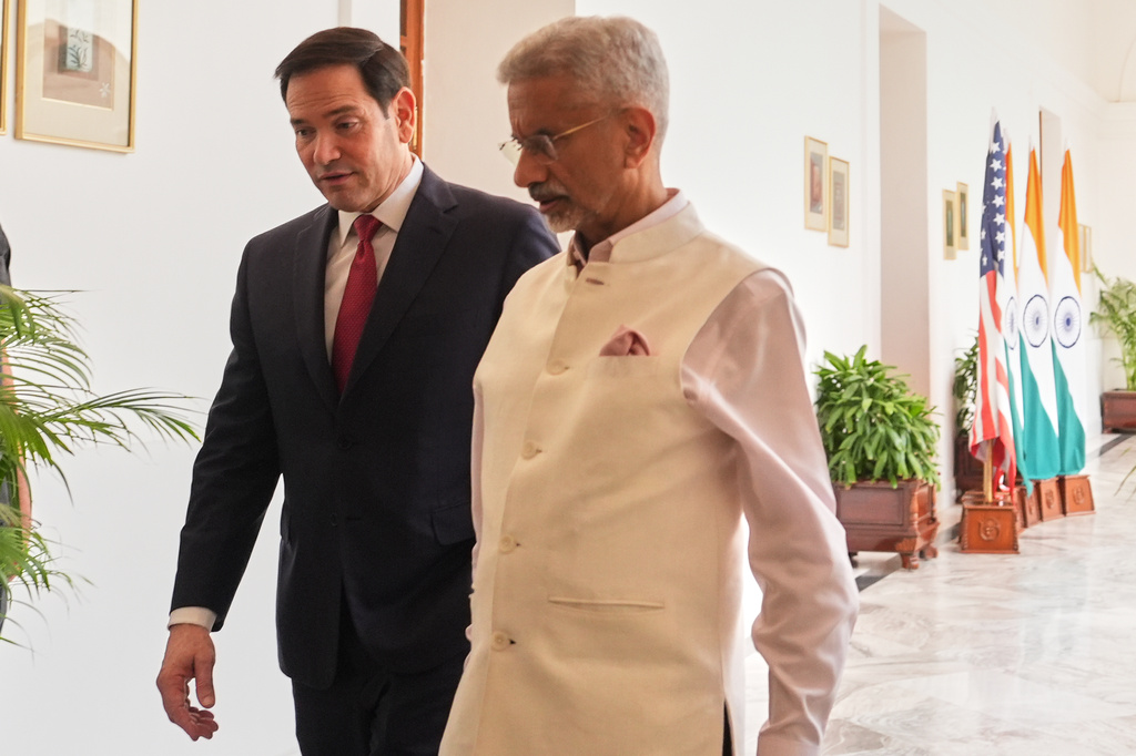 United States Secretary of State Marco Rubio, left, walks with India's Minister of External Affairs S. Jaishankar, before their talks in New Delhi, India, Sunday, May 24, 2026. (AP Photo/Julia Demaree Nikhinson, Pool)