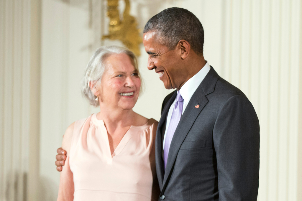 FILE - President Barack Obama appears with author Annie Dillard, recipient of the 2014 National Humanities Medal, during a ceremony in the East Room at the White House in Washington on Sept. 10, 2015. (AP Photo/Andrew Harnik, File)