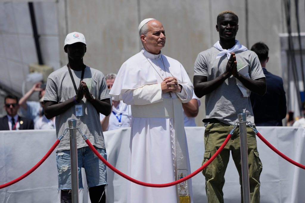 Pope Leo XIV attends a meeting with organisations working with migrants in Arguineguin at the Canary Islands, Spain, Thursday, June 11, 2026. (AP Photo/Alessandra Tarantino)
