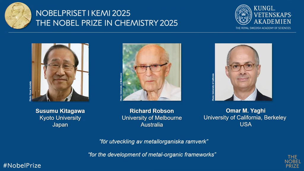 From left, Susumu Kitagawa, Richard Robson and Omar Yaghi, winners of the Nobel Prize in Chemistry, announced at the Nobel Assembly of the Karolinska Institutet, in Stockholm, Sweden, Wednesday, Oct. 8, 2025. (NobelPrize.org via AP)