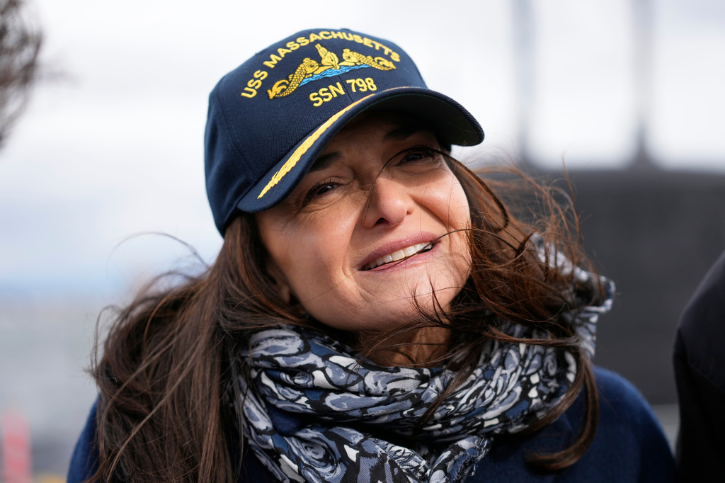 Sheryl Sandberg, the ship sponsor of the USS Massachusetts, attends a rehearsal ahead of the commissioning of the Navy's newest nuclear-powered attack submarine, Friday, March 27, 2026, in Boston. (AP Photo/Robert F. Bukaty)