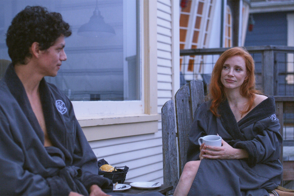 This image released by Greenwich Entertainment shows Isaac Hernández, left, and Jessica Chastain in a scene from "Dreams." (Greenwich Entertainment via AP)