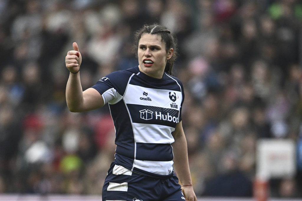 FILE - Bristol Bears' Ilona Maher reacts to the crowd after the end of the women's rugby union match between Bristol Bears and Leicester Tigers at Ashton Gate stadium in Bristol, England, Jan. 18, 2025. (AP Photo/Anthony Upton, File)