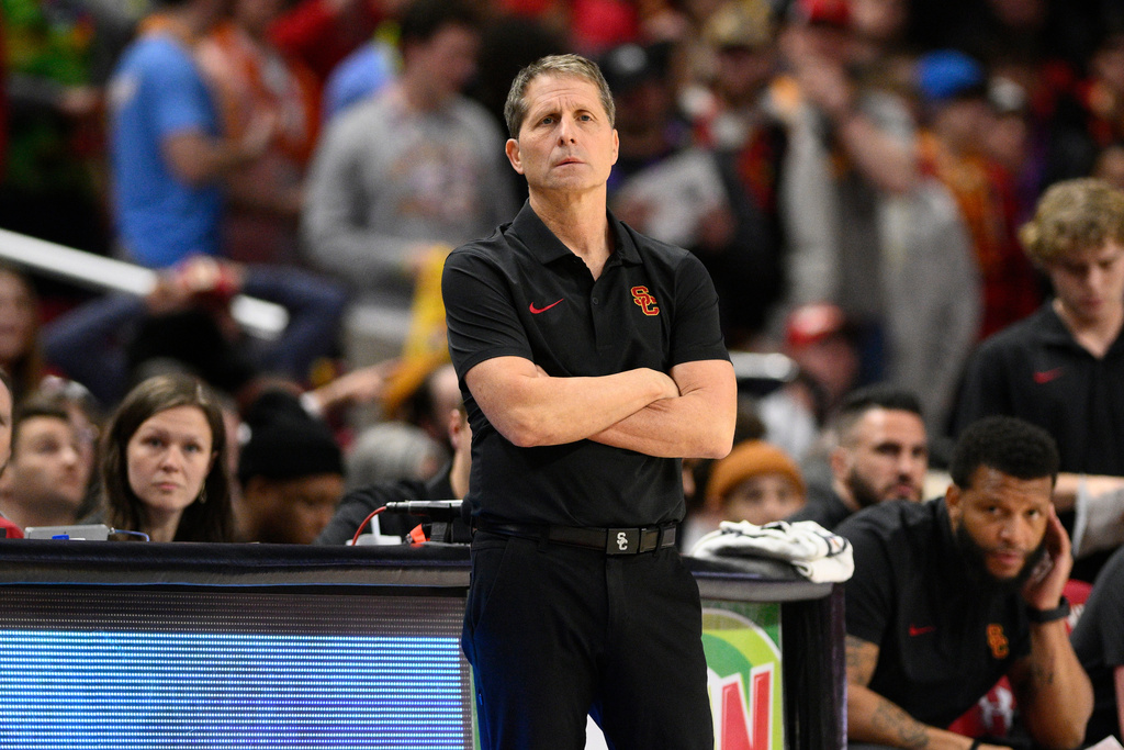 FILE - Southern California head coach Eric Musselman watches the second half of an NCAA college basketball game against Maryland, Feb. 20, 2025, in College Park, Md. (AP Photo/Nick Wass, File)