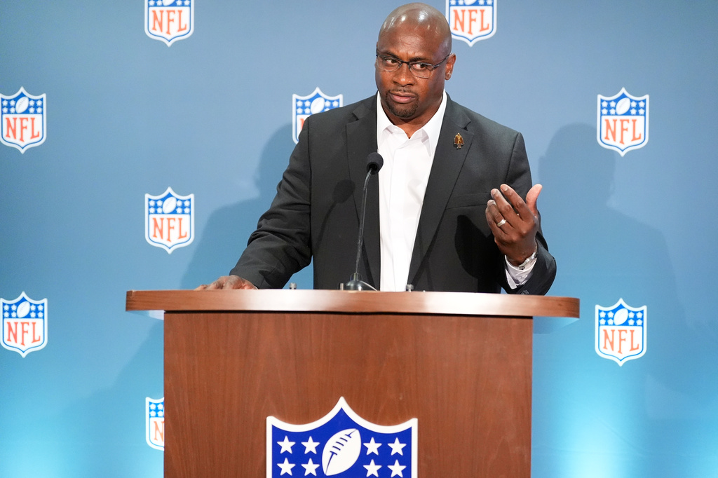 Troy Vincent speaks during a news conference at an NFL football owners meeting on Wednesday, Aug. 26, 2026, in Atlanta. (AP Photo/Brynn Anderson)
