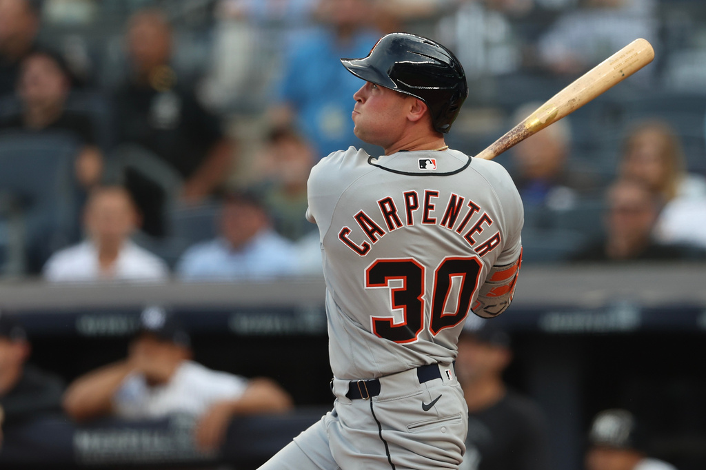Detroit Tigers' Kerry Carpenter (30) watches his home run during the first inning of a baseball game against the New York Yankees, Tuesday, June 30, 2026, in New York. (AP Photo/Heather Khalifa)