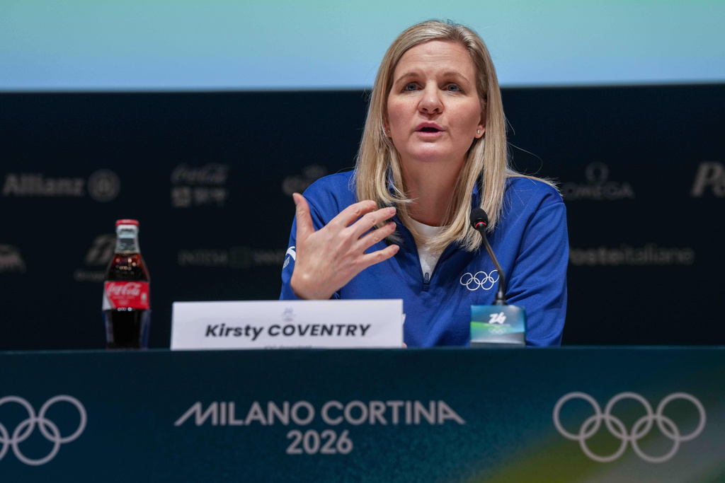 Olympic Committee President Kirsty Coventry meets the media in Milan, Italy, Sunday, Feb. 1, 2026. (Claudio Furlan/LaPresse via AP)