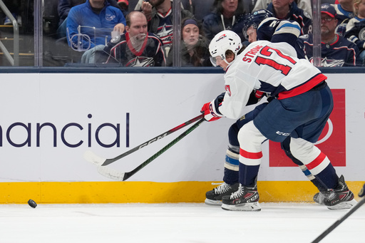Washington Capitals center Dylan Strome (17) and Columbus Blue Jackets right wing Mathieu Olivier, right, chase after the puck in the second period of an NHL hockey game Friday, Oct. 24, 2025, in Columbus, Ohio. (AP Photo/Sue Ogrocki) Washington Capitals center Dylan Strome (17) and Columbus Blue Jackets right wing Mathieu Olivier, right, chase after the puck in the second period of an NHL hockey game Friday, Oct. 24, 2025, in Columbus, Ohio. (AP Photo/Sue Ogrocki)