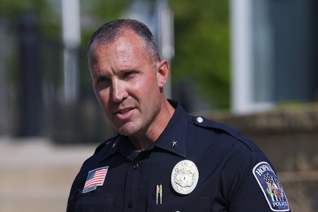 Hopkins Police Chief Brent Johnson speaks during a news conference after a stabbing at a daycare, Wednesday, Aug. 12, 2026, in Hopkins, Minn. (AP Photo/Ellen Schmidt)