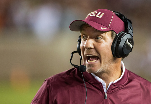 FILE - In this Oct. 29, 2016, file photo, Florida State coach Jimbo Fisher shouts instructions during the team's NCAA college football game against Clemson in Tallahassee, Fla. (AP Photo/Mark Wallheiser, File) FILE - In this Oct. 29, 2016, file photo, Florida State coach Jimbo Fisher shouts instructions during the team's NCAA college football game against Clemson in Tallahassee, Fla. (AP Photo/Mark Wallheiser, File)