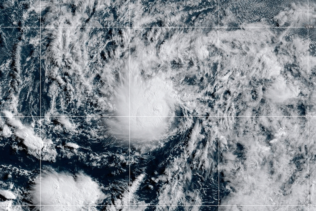 This satellite image provided by CIRA/NOAA, shows Tropical Storm Amanda forming in the Pacific Ocean, on Wednesday, June 3, 2026. (CIRA/NOAA via AP)