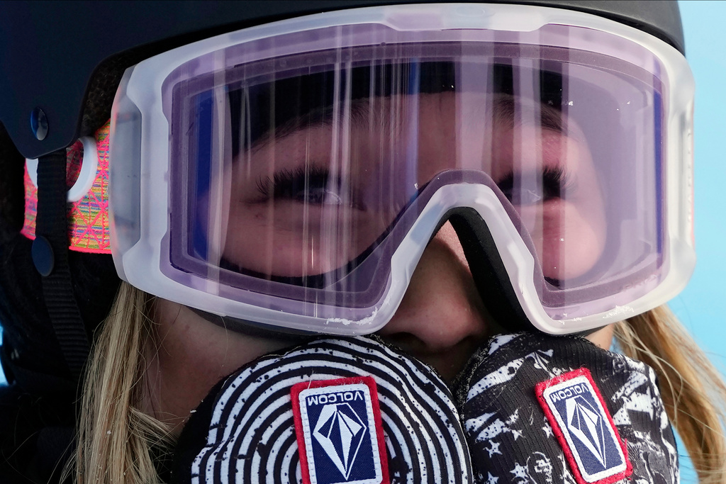 FILE- United States' Chloe Kim reacts during the women's halfpipe finals at the 2022 Winter Olympics, Feb. 10, 2022, in Zhangjiakou, China. (AP Photo/Lee Jin-man, File)