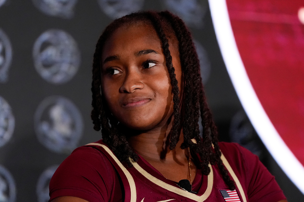 FILE - Florida State guard O'Mariah Gordon speaks during a ACC women's NCAA college basketball media day, Oct. 8, 2024, in Charlotte, N.C. (AP Photo/Chris Carlson, File)