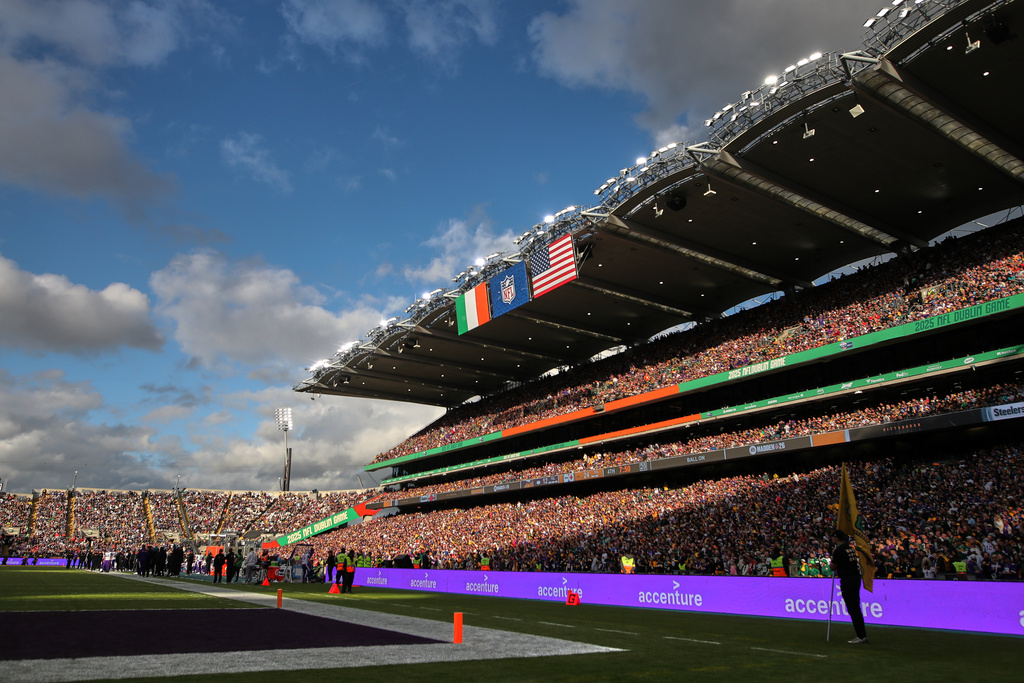 View at Croke Park stadium during the NFL football game between Minnesota Vikings and Pittsburgh Steelers at Croke Park stadium in Dublin, Sunday, Sept. 28, 2025.(AP Photo/Peter Morrison)
