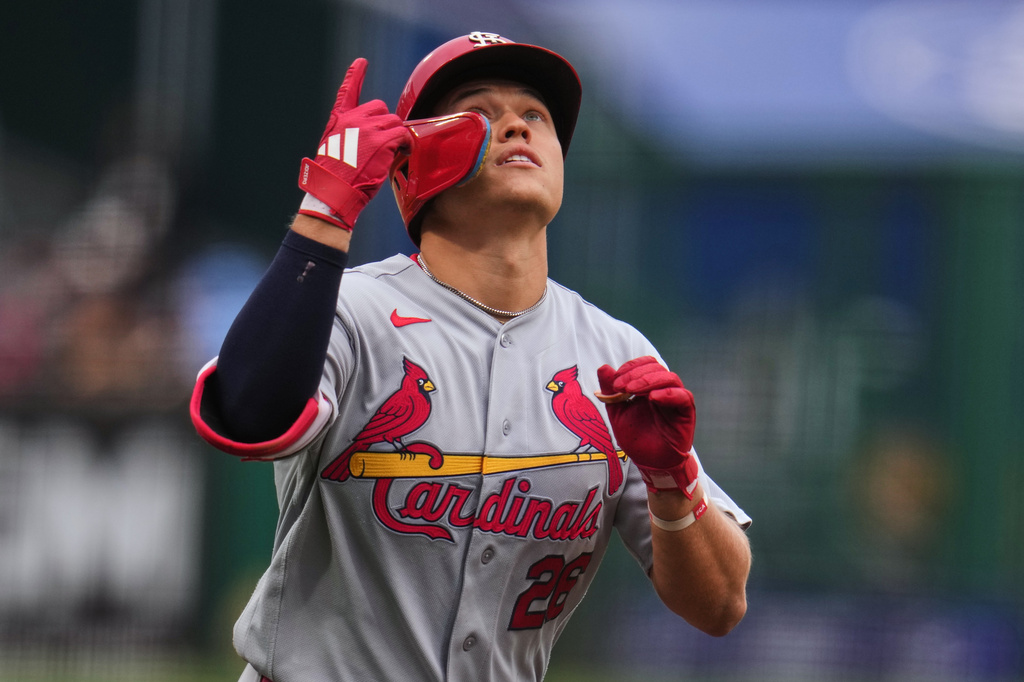 St. Louis Cardinals' JJ Wetherholt celebrates as he rounds third after leading off the baseball game with a solo home run off Pittsburgh Pirates pitcher Paul Skenes in the first inning in Pittsburgh, Thursday, April 30, 2026. (AP Photo/Gene J. Puskar)