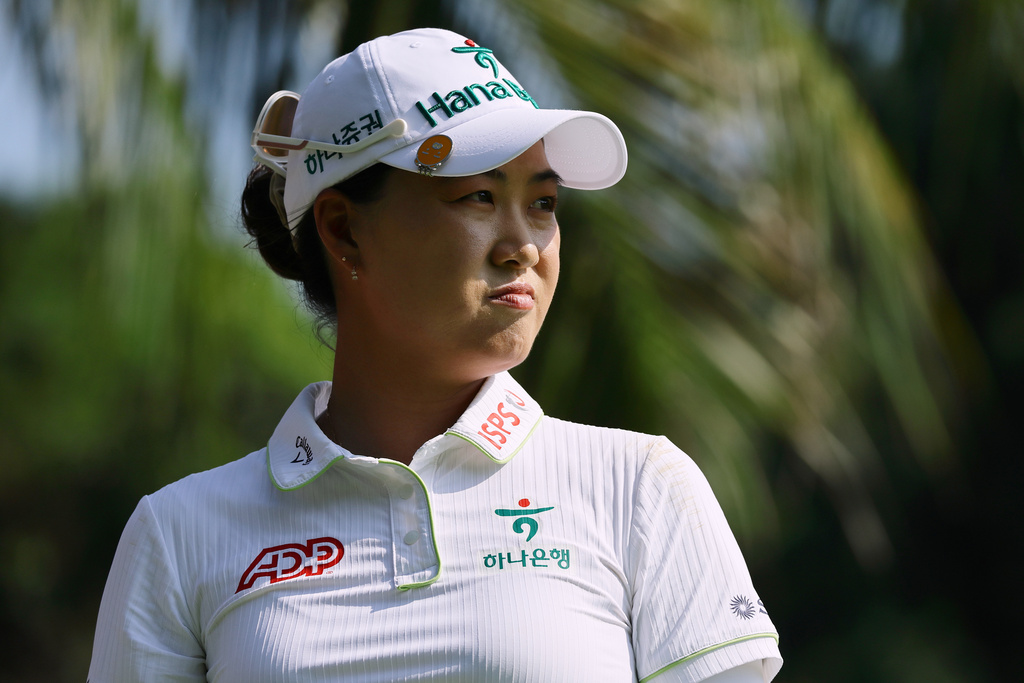 Minjee Lee of Australia looks on after playing a shot during the HSBC Women's World Championship at Sentosa Golf Club in Singapore, Sunday, March 1, 2026. (AP Photo/Suhaimi Abdullah)
