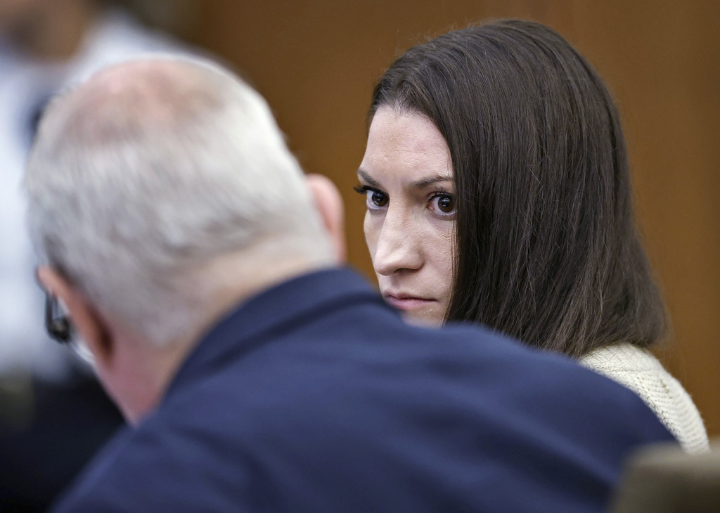 Defendant Lindsay Clancy talks with her lawyer Kevin Reddington. during her murder trial at Plymouth Superior Court, Monday, Aug. 24, 2026 in Plymouth, Mass. (Greg Derr/The Patriot Ledger via AP, Pool)