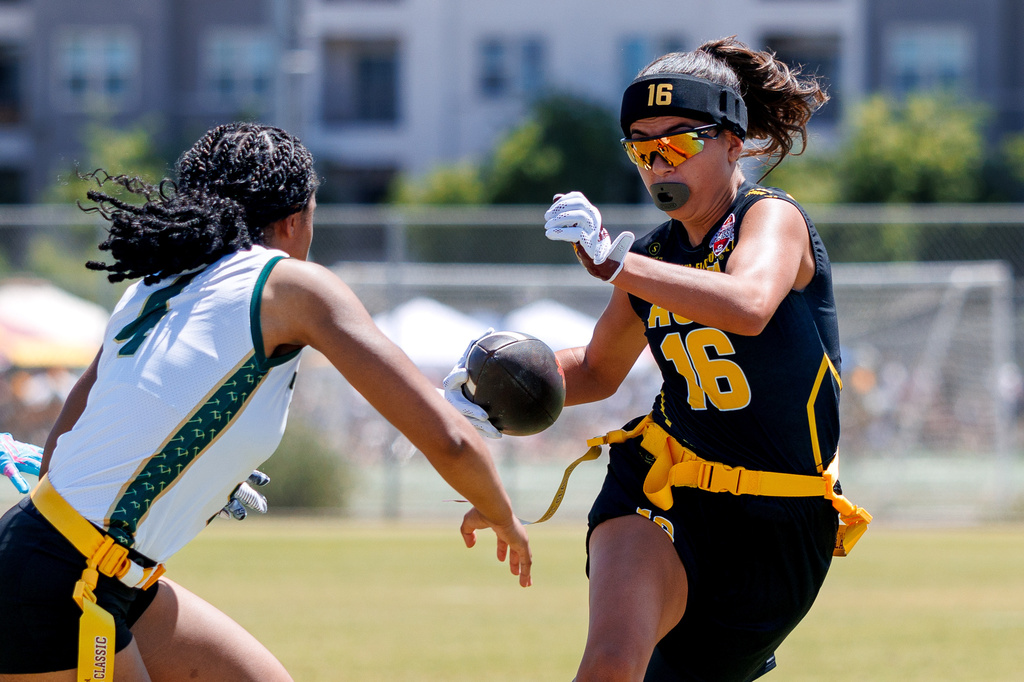 Arizona State's Rylen Bourguet runs downfield after making a catch during the Fiesta Bowl Flag Football Classic on April 19 in Tempe, Ariz. (Patty Kennedy/Fiesta Sports Foundation via AP)