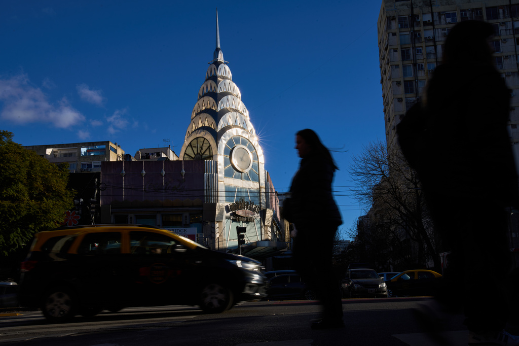A building in Buenos Aires, Argentina, imitates the top of Manhattan's Chrysler building, Thursday, June 25, 2026. (AP Photo/Rodrigo Abd)