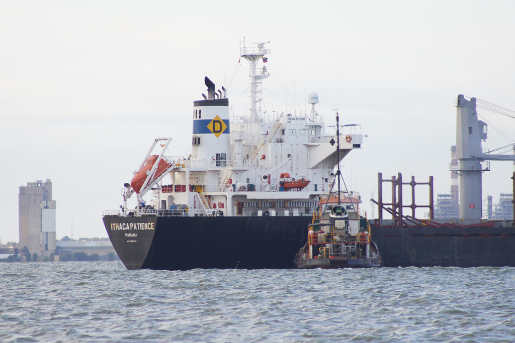 A ship named Ithaca Patience, Panama, is docked on Lake Maracaibo, Venezuela, Wednesday, Jan. 7, 2026. (AP Photo/Edgar Frias)
