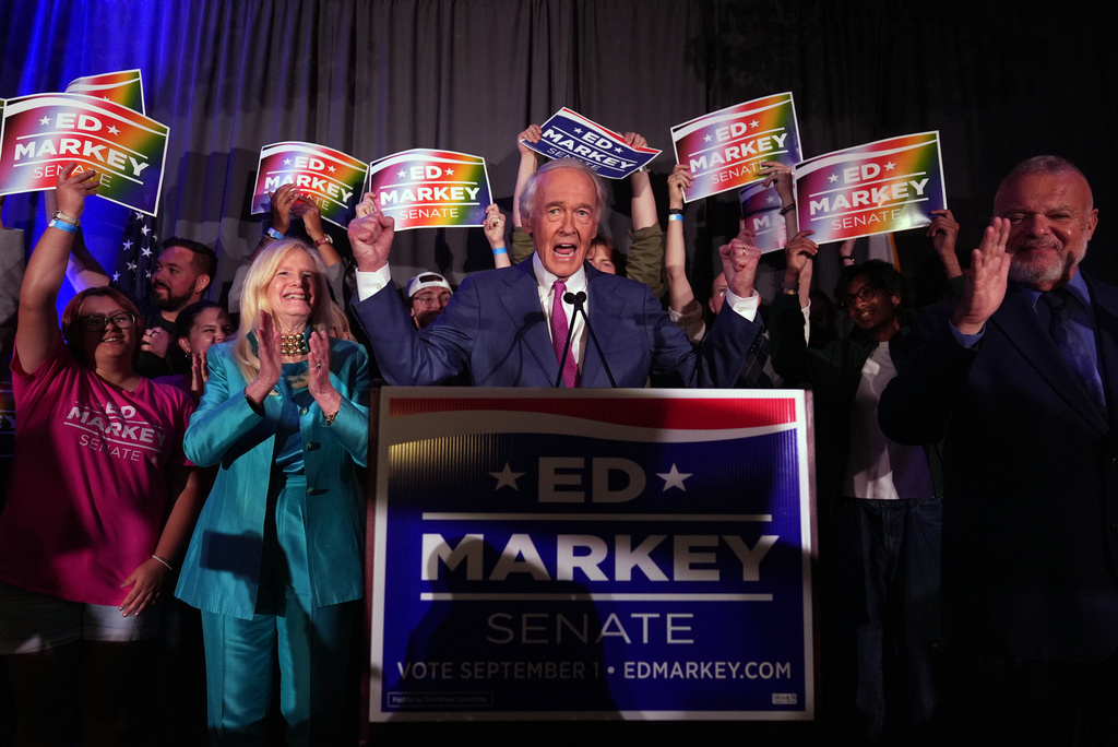 U.S. Sen. Edward Markey, D-Mass., speaks alongside his wife Susan Blumenthal after winning the Democratic nomination during a primary election night event Tuesday, Sept. 1, 2026, in Boston. (AP Photo/Charles Krupa)