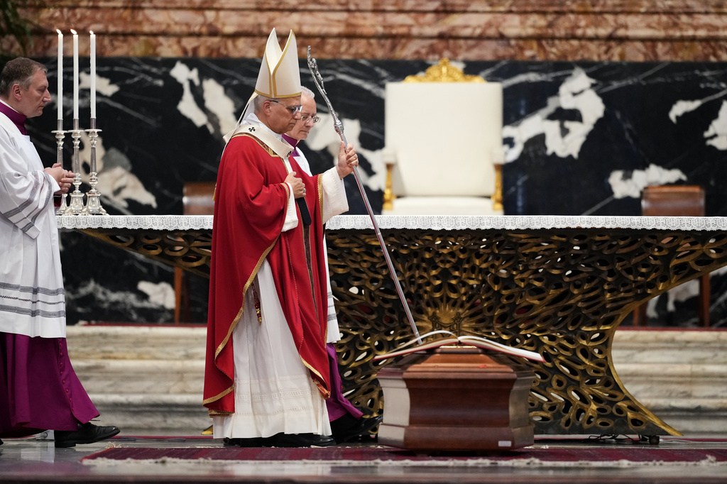Pope Leo XIV celebrates the funeral service for late Cardinal Camillo Ruini, in St.Peter's Basilica at the Vatican, Thursday, June 18, 2026. (AP Photo/Andrew Medichini)