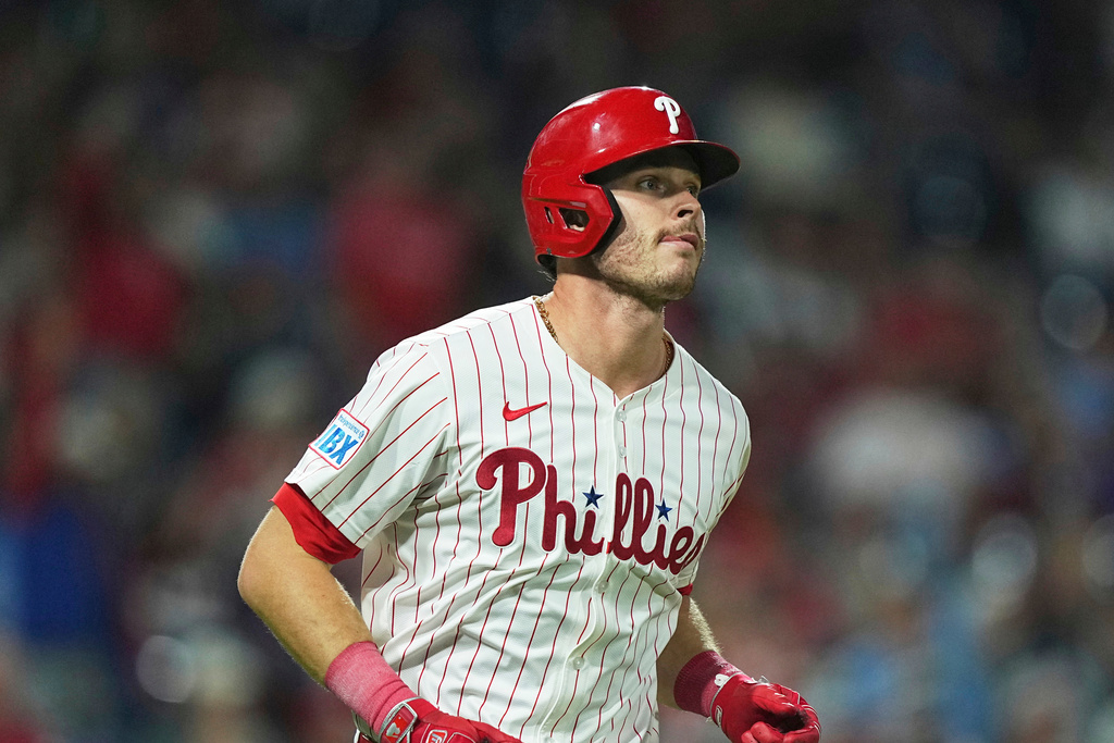 FILE - Philadelphia Phillies' Max Kepler during the eighth inning of a baseball game, Wednesday, Sept. 10, 2025, in Philadelphia. (AP Photo/Matt Rourke, File)