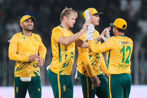 South Africa's Corbin Bosch, second left, celebrates with teammates after taking the wicket of Pakistan's Salman Ali Agha during the first T20 cricket match between Pakistan and South Africa, in Rawalpindi, Pakistan, Tuesday, Oct. 28, 2025. (AP Photo/Anjum Naveed) South Africa's Corbin Bosch, second left, celebrates with teammates after taking the wicket of Pakistan's Salman Ali Agha during the first T20 cricket match between Pakistan and South Africa, in Rawalpindi, Pakistan, Tuesday, Oct. 28, 2025. (AP Photo/Anjum Naveed)