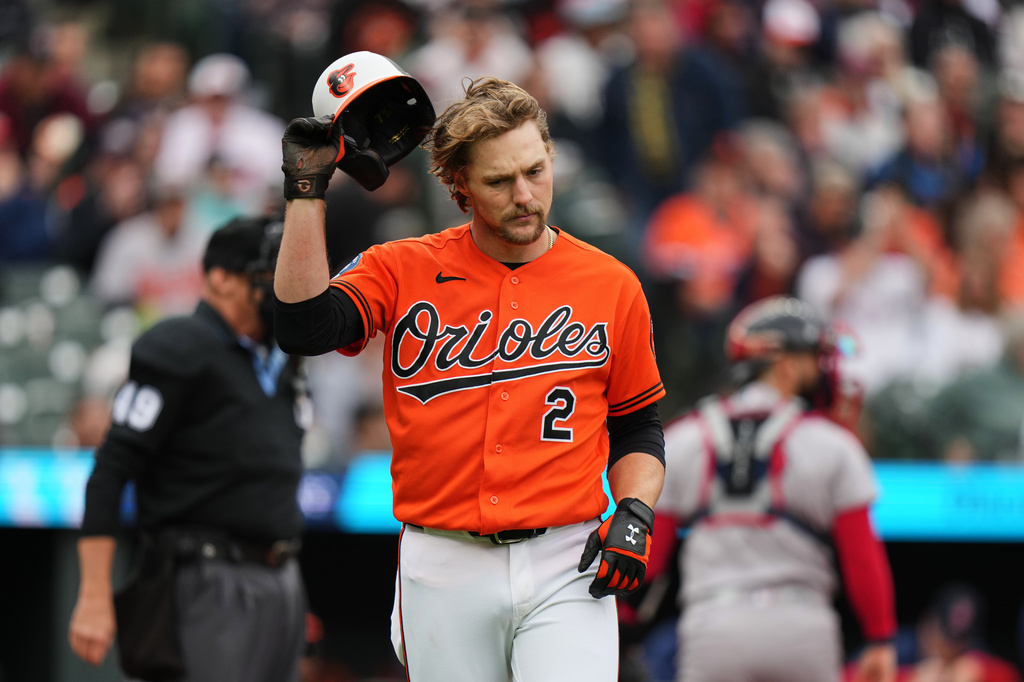 Baltimore Orioles' Gunnar Henderson (2) throws his helmet to the ground after striking out during the third inning of a baseball game against the Boston Red Sox, Saturday, April 25, 2026, in Baltimore. (AP Photo/Stephanie Scarbrough)