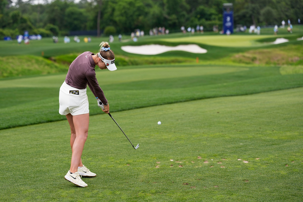 Nelly Korda hits her tee shot on the second hole during the second round of the Chevron Championship LPGA golf tournament Friday, April 24, 2026, in Houston. (AP Photo/David J. Phillip)
