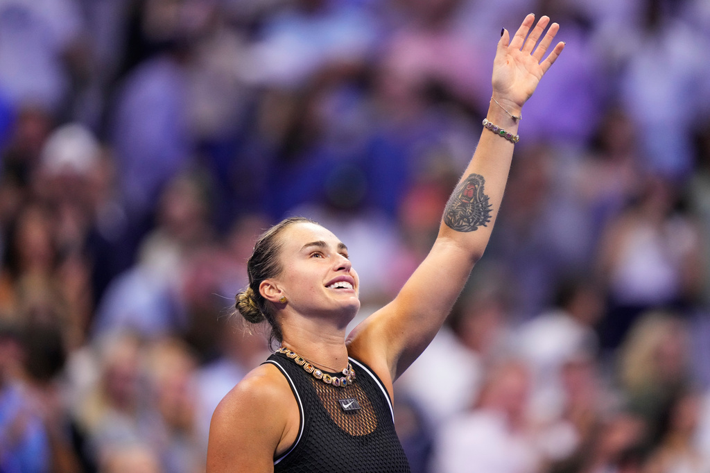 Aryna Sabalenka, of Belarus, celebrates winning a match against Jessica Pegula, of the United States, during the women's singles semifinals of the U.S. Open tennis championships, Thursday, Sept. 10, 2026, in New York. (AP Photo/Yuki Iwamura)