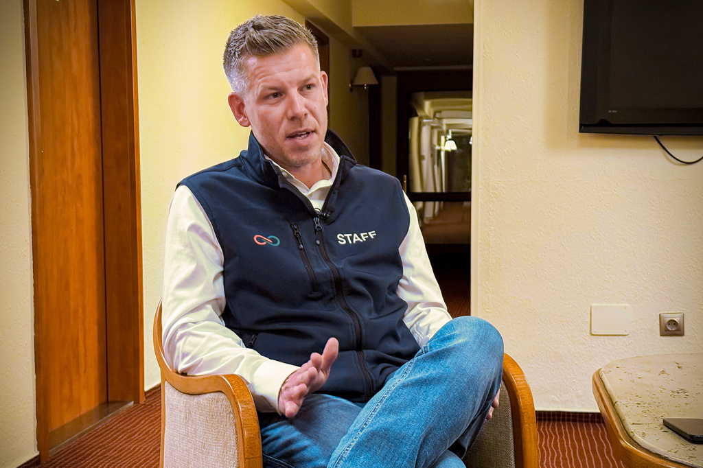 Hungarian opposition leader Peter Magyar speaks during an interview with the Associated Press, Thursday, April 2, 2026, in Kiskunhalas, Hungary. (AP Photo/Bela Szandelszky)