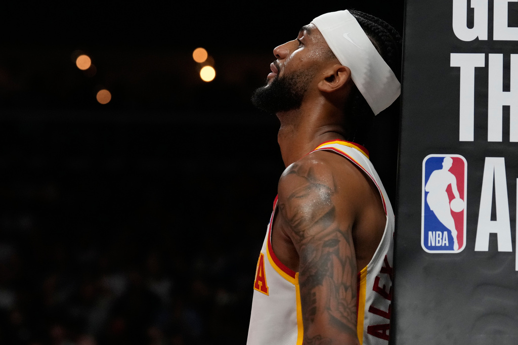 Atlanta Hawks guard Nickeil Alexander-Walker (7) reacts during the second half of Game 4 in a first-round NBA playoffs basketball series against the New York Knicks Saturday, April 25, 2026, in Atlanta. (AP Photo/Brynn Anderson)