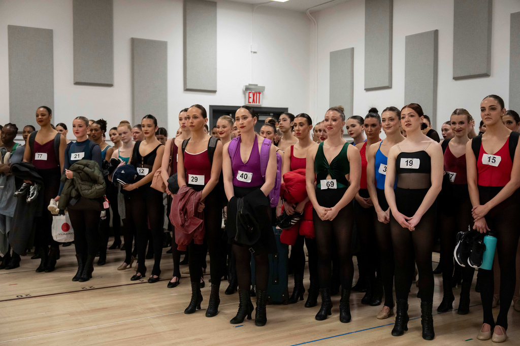 Dancers wait after an audition for the Radio City Rockettes at Radio City Music Hall in New York, on Wednesday, April 22, 2026. (AP Photo/Yuki Iwamura)