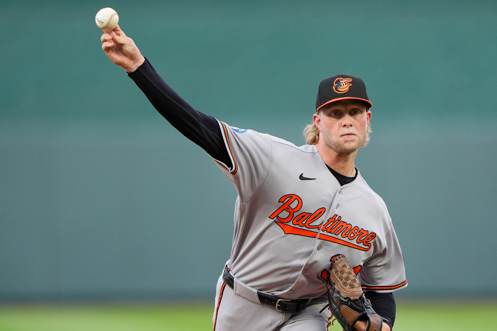 Baltimore Orioles starting pitcher Shane Baz throws during the first inning of a baseball game against the Kansas City Royals, Tuesday, April 21, 2026, in Kansas City, Mo. (AP Photo/Charlie Riedel)