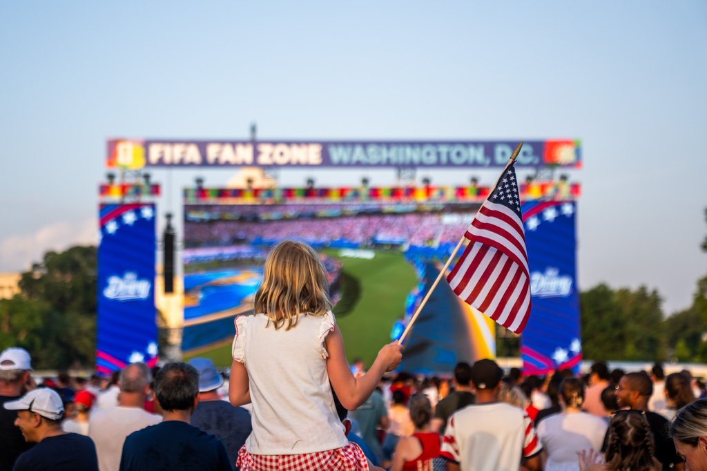 Attendees watch during a watch party for a World Cup soccer match between the United States and Bosnia Wednesday, July 1, 2026, in Washington. (AP Photo/Allison Robbert)