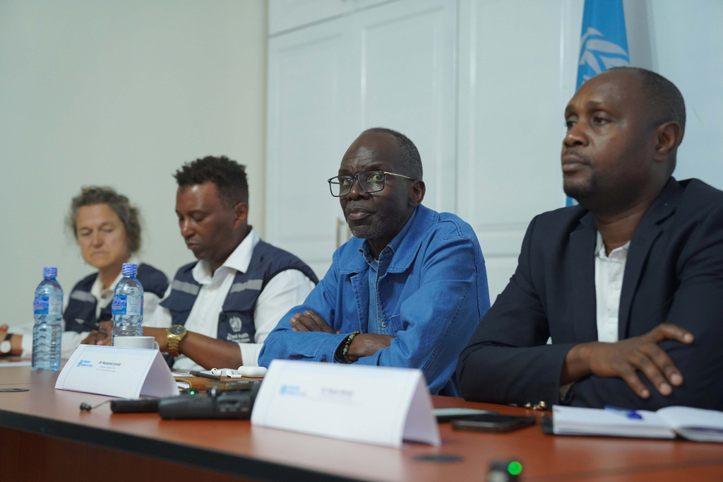 Mohamed Yakub Janabi, second left, WHO regional director for Africa, attends a press conference in Bunia, Congo, Monday, Aug 10, 2026. (AP Photo/Dieudonne Dirole)