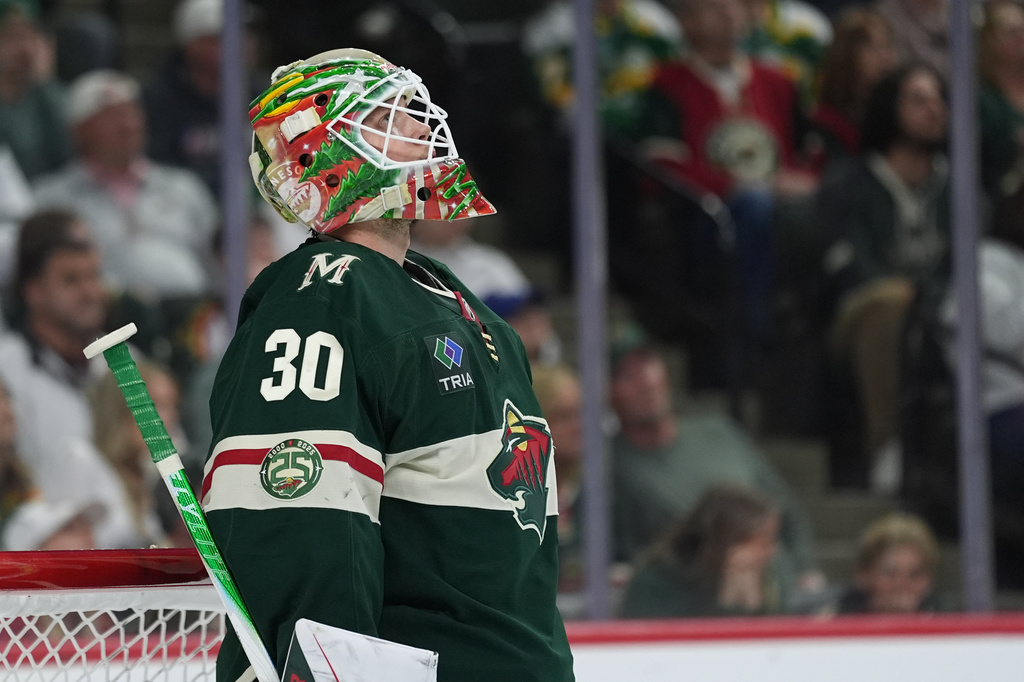 Minnesota Wild goaltender Jesper Wallstedt waits for play to resume after a goal by Colorado Avalanche center Nazem Kadri during the second period of Game 4 in a second-round NHL hockey Stanley Cup playoff series Monday, May 11, 2026, in St. Paul, Minn. (AP Photo/Abbie Parr)