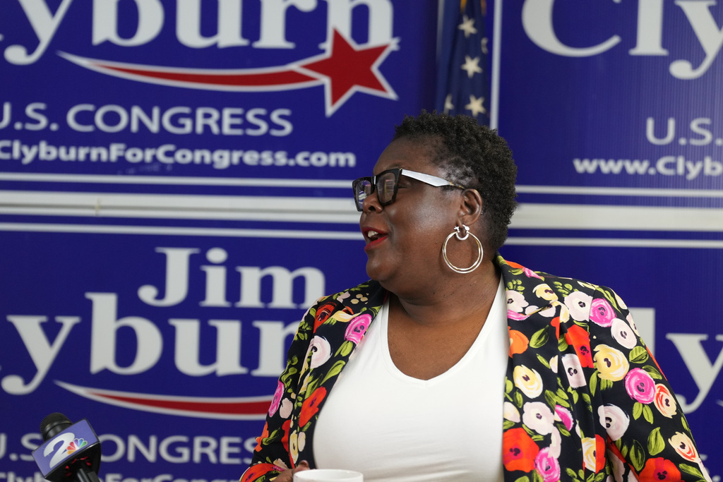 South Carolina Democratic Party Chair Christale Spain smiles ahead of an event with Rep. Jim Clyburn, D-S.C., at the party's headquarters, Thursday, March 12, 2026, in Columbia, S.C. (AP Photo/Meg Kinnard)