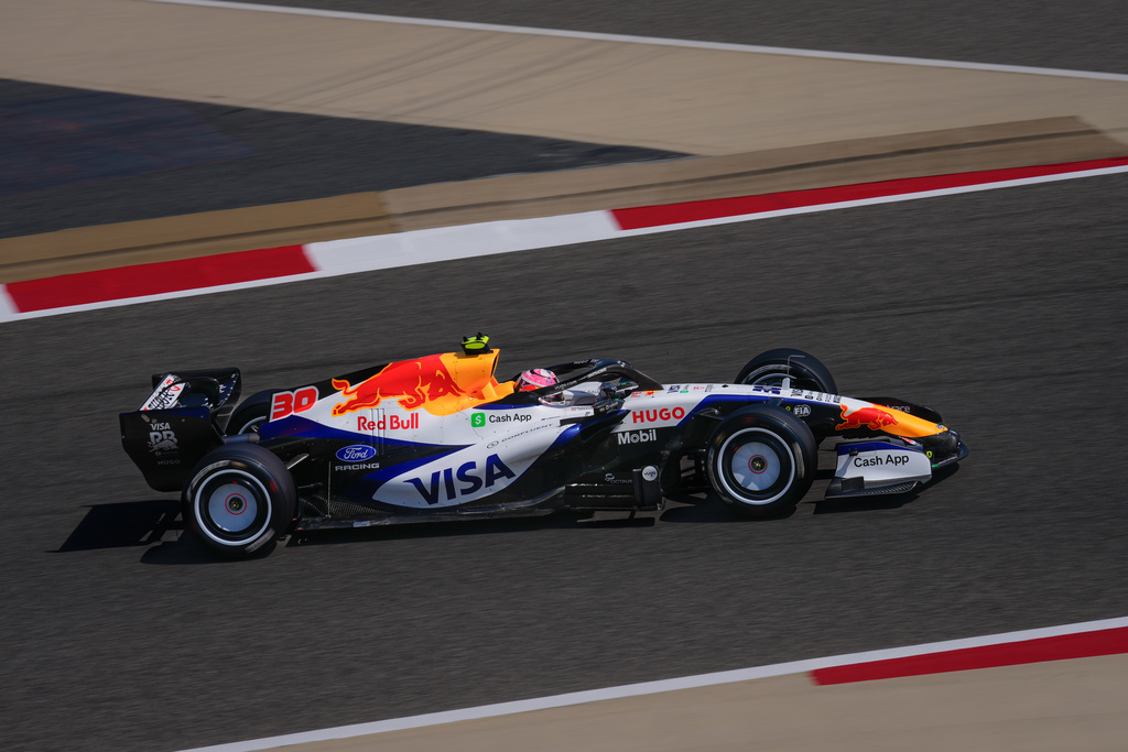 Racing Bulls driver Liam Lawson of New Zealand steers his car on the third day of Formula One pre-season test at the Bahrain International Circuit in Sakhir, Bahrain, Friday, Feb. 13, 2026. (AP Photo/Altaf Qadri)