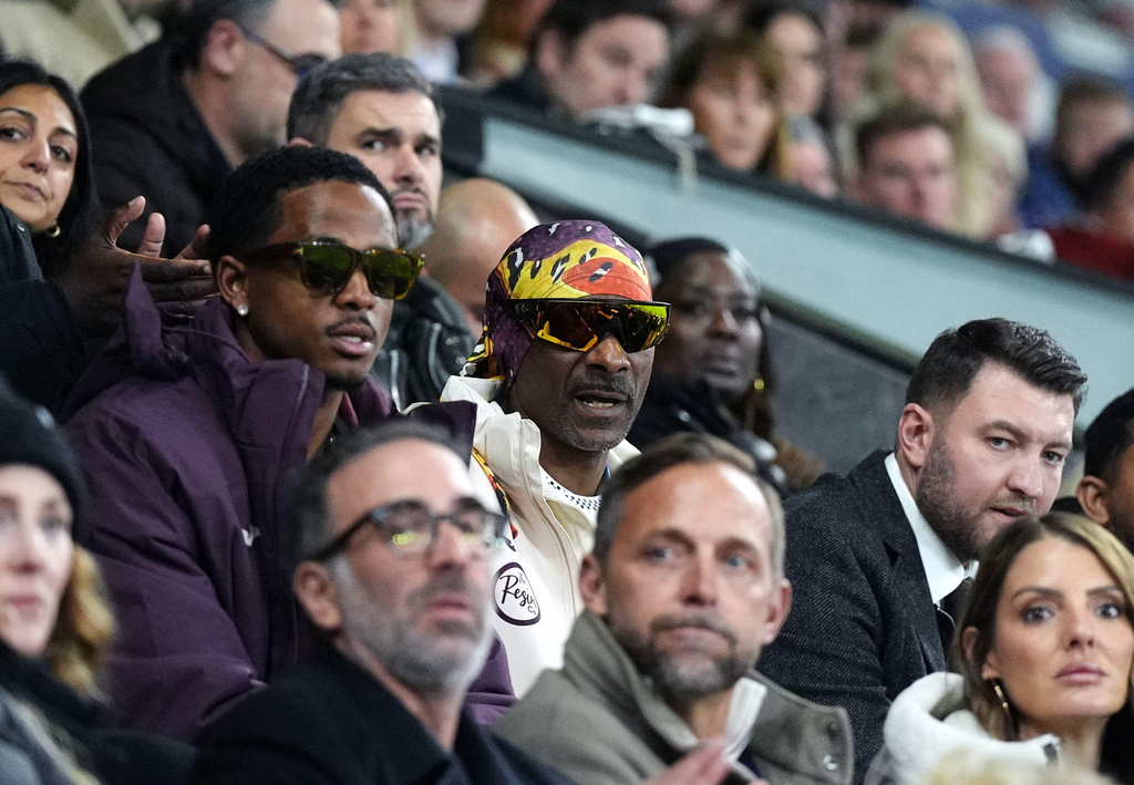 Swansea City co-owner Snoop Dogg in the stands during the English Championship soccer match between Swansea City and Preston in Swansea, Wales, Tuesday, Feb. 24, 2026. (Jacob King/PA via AP)