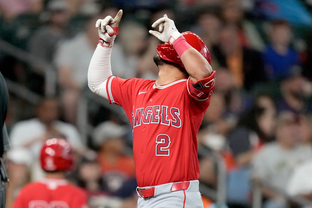 Los Angeles Angels' Oswald Peraza reacts after hitting a solo home run against the Houston Astros during the third inning of a baseball game Saturday, March 28, 2026, in Houston. (AP Photo/Eric Christian Smith)