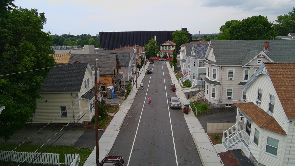 A data center built by the Markley Group looms over a residential neighborhood in Lowell, Mass., on June 30, 2026. (AP Photo/Matt O'Brien)