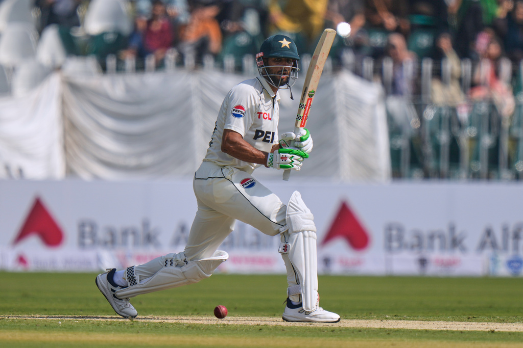 Pakistan's Shan Masood bats during the first day of the second test cricket match between Pakistan and South Africa, at the Rawalpindi Cricket Stadium, in Rawalpindi, Pakistan, Monday, Oct. 20, 2025. (AP Photo/Anjum Naveed)