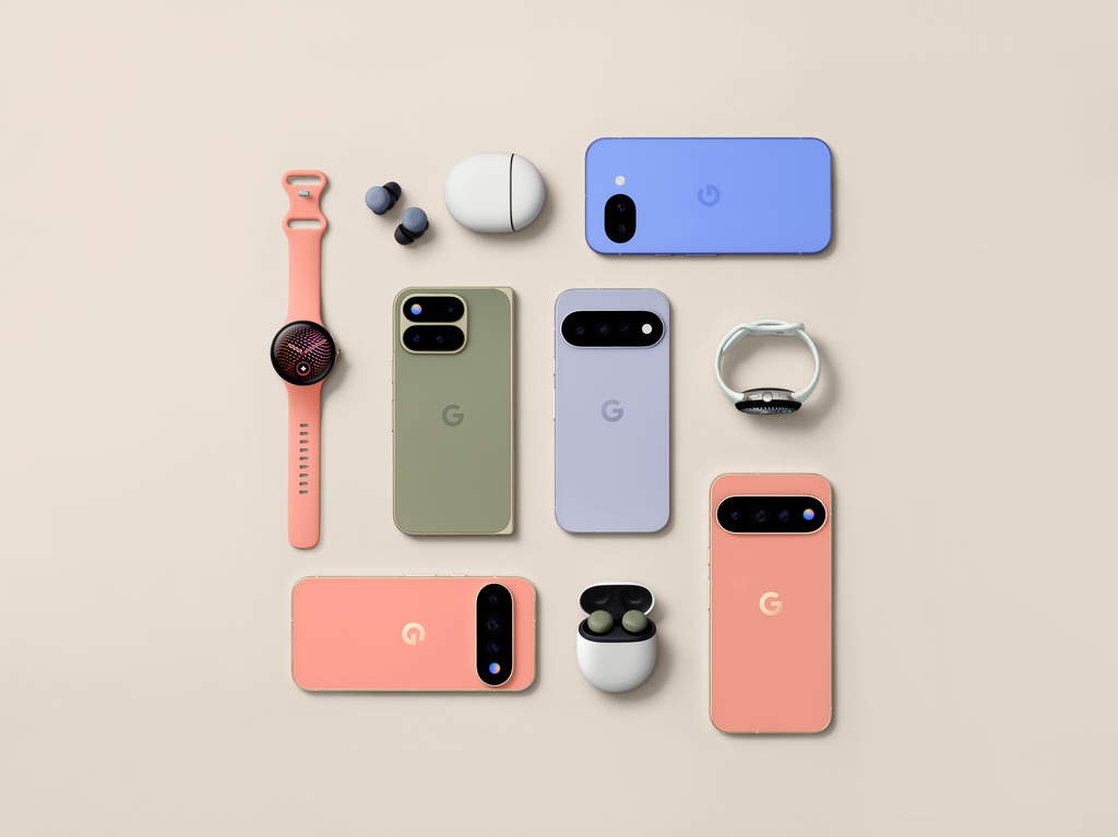 This image provided by Google in August 2026 shows its lineup of Pixel 11 phones, the Pixel Watch 5 and ear buds. (Google via AP)