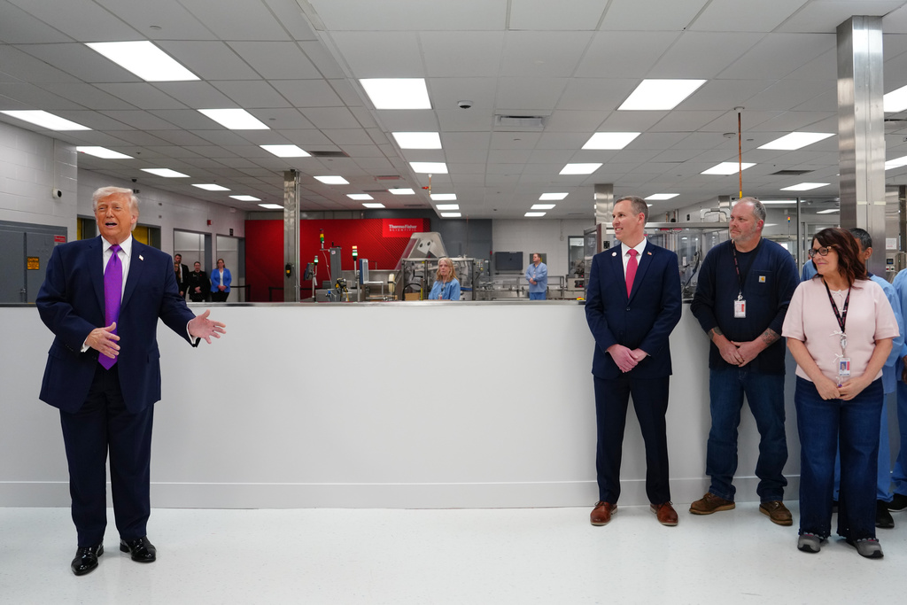 President Donald Trump talks as he visits Thermo Fisher Scientific, Wednesday, March 11, 2026, in Cincinnati. (AP Photo/Julia Demaree Nikhinson)